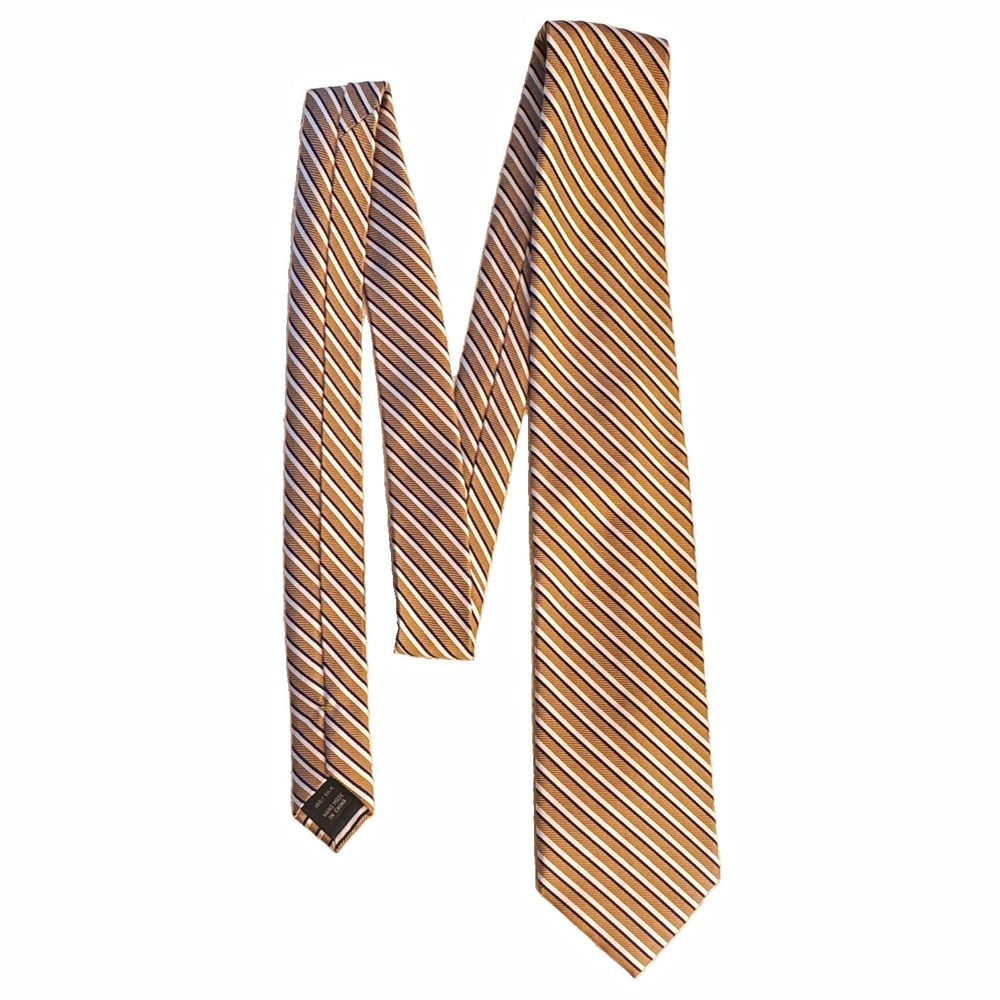 Jos. A. Bank 100% Silk Woven Men's Necktie Tan White Navy Striped 1 Piece